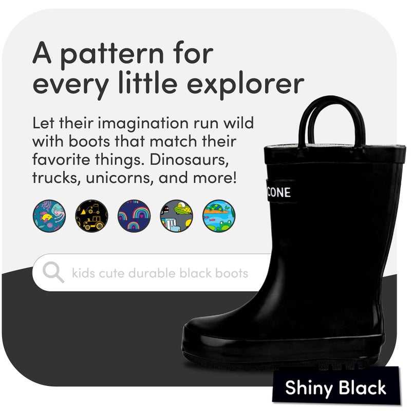 LONECONE Rain Boots with Easy-On Handles in Solid Colors for Boys and Girls, Play-Proof Flexible Rubber, Durable Non-Slip Treads, Kid-Friendly for Hours of Joy - Shiny Black, 8 Toddler - Image 4